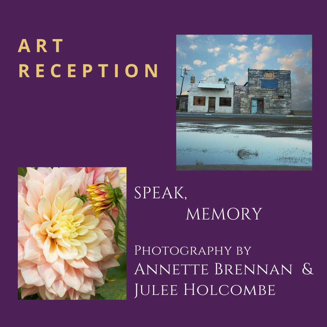 art reception announcement featuring flower photo and building photo speak memory annette brennan and julee holcombe