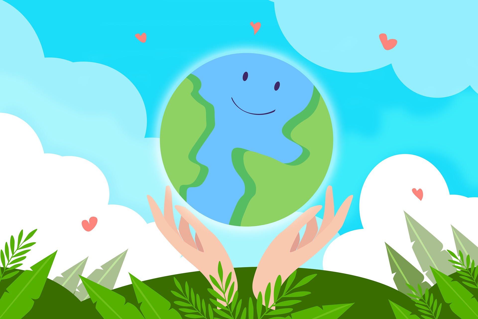 Smiling earth being held up by hands