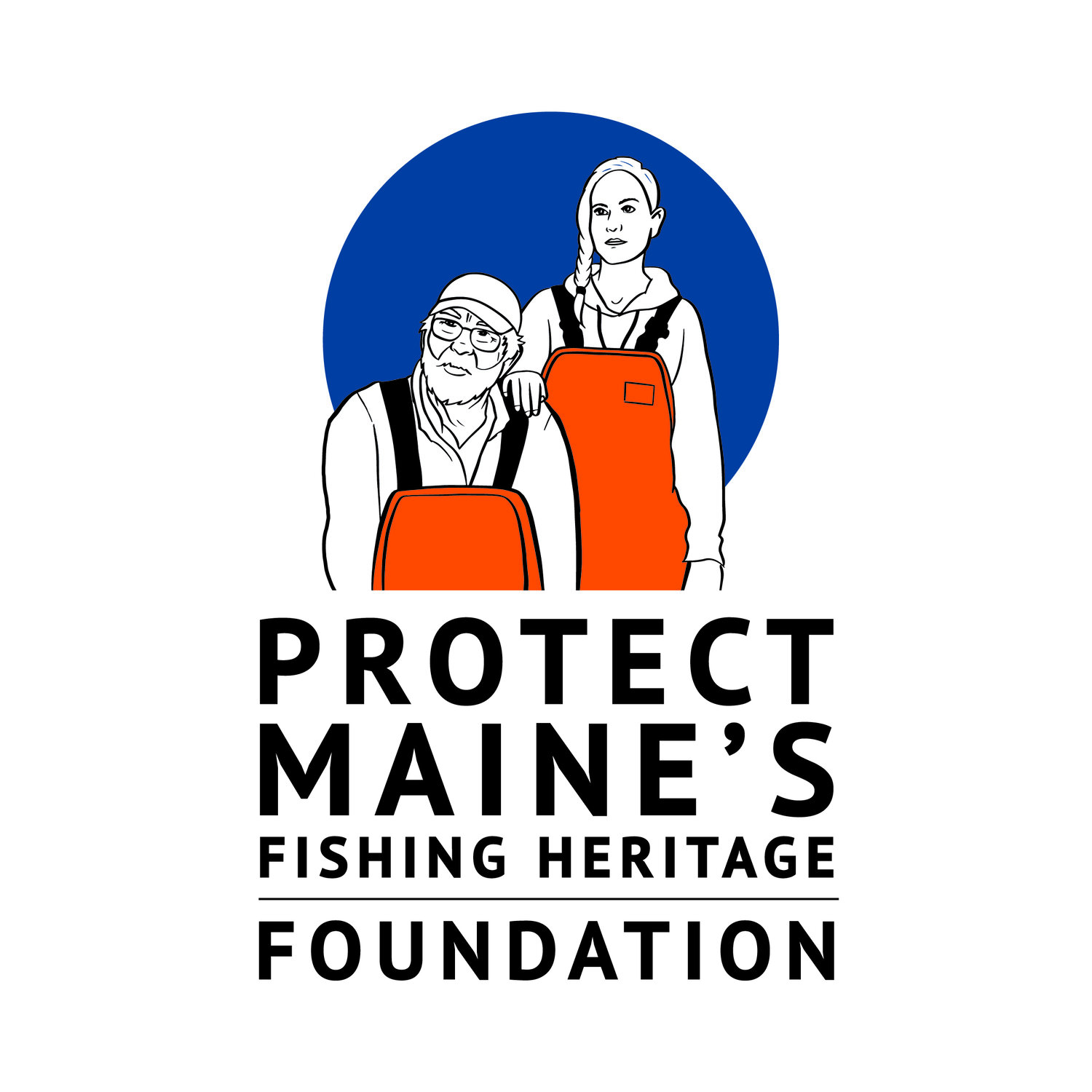 logo featuring seated man and standing woman in orange lobstering coveralls