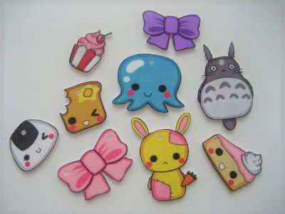 octopus, totoro, pikachu, pie with eyes, puffy bows, bread with smile and a bite out of it