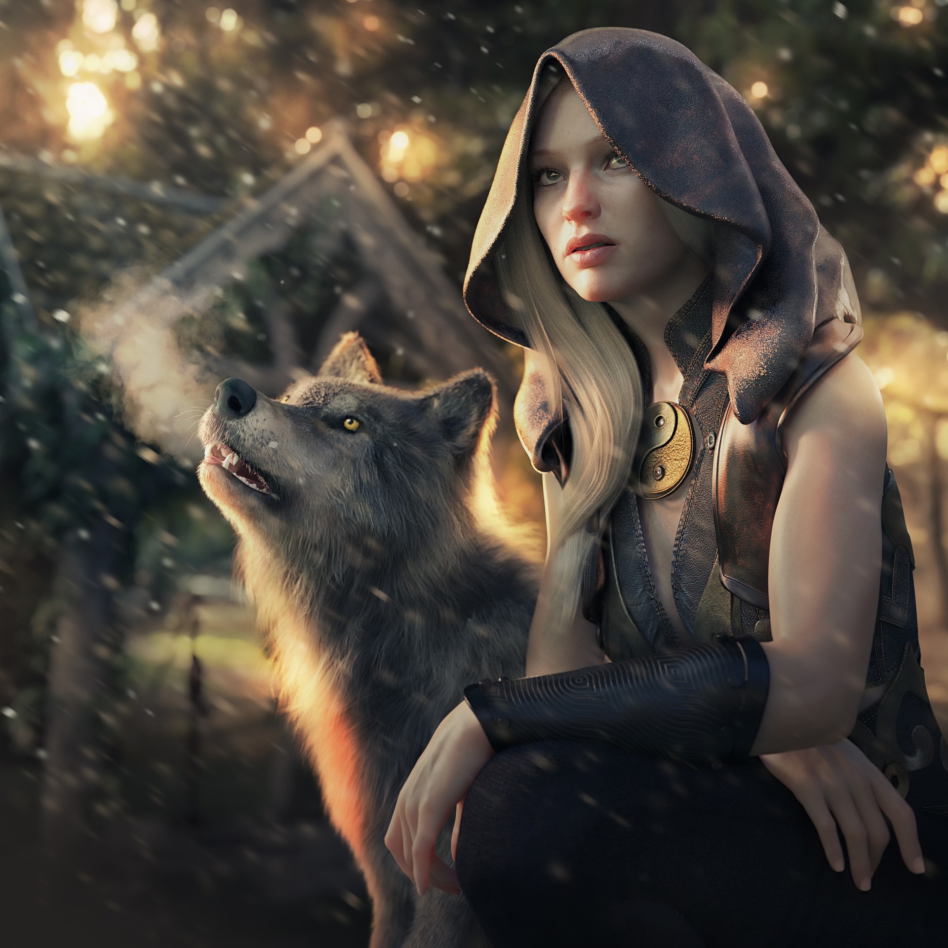 hooded character with wolf