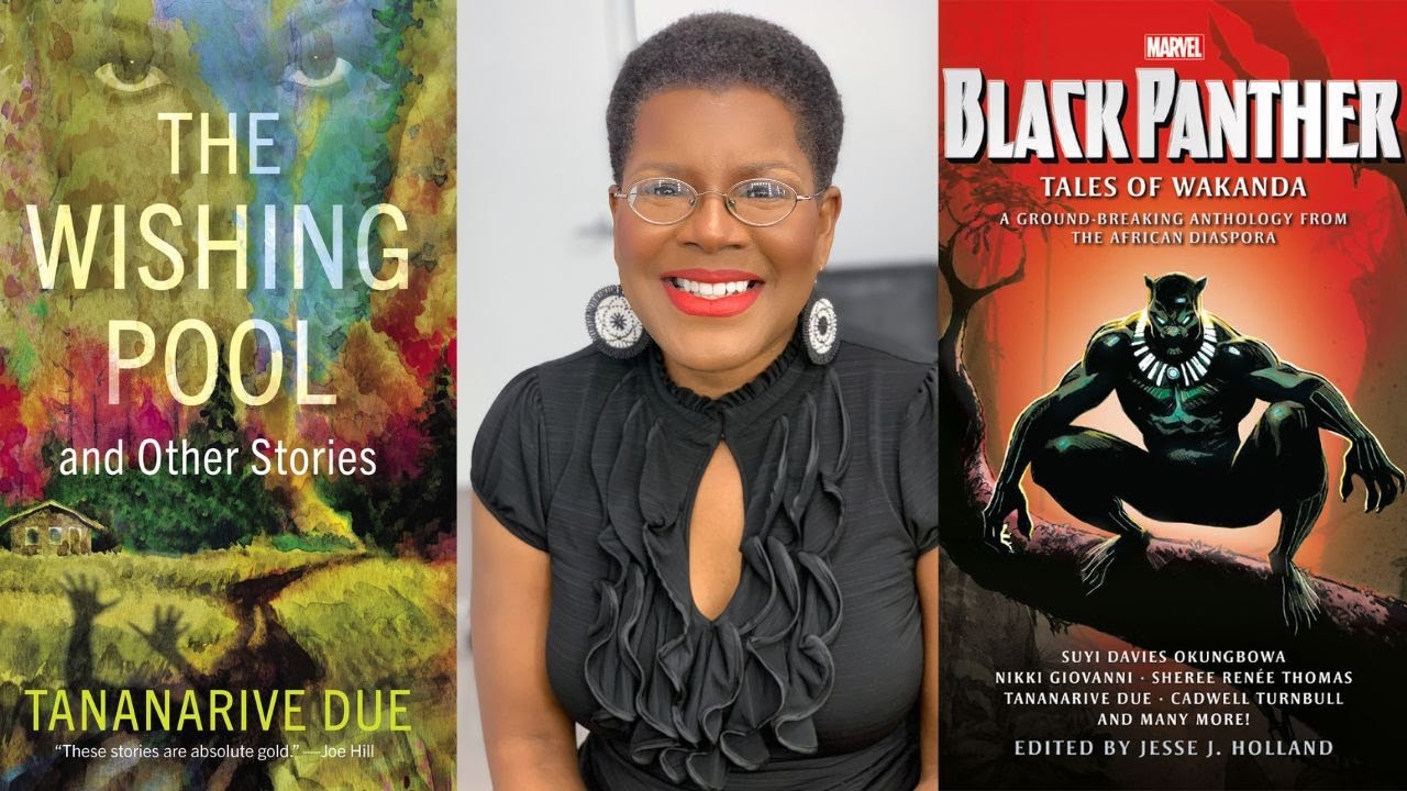author photo tananarive due and the wishing pool cover and marvel black panther comic cover
