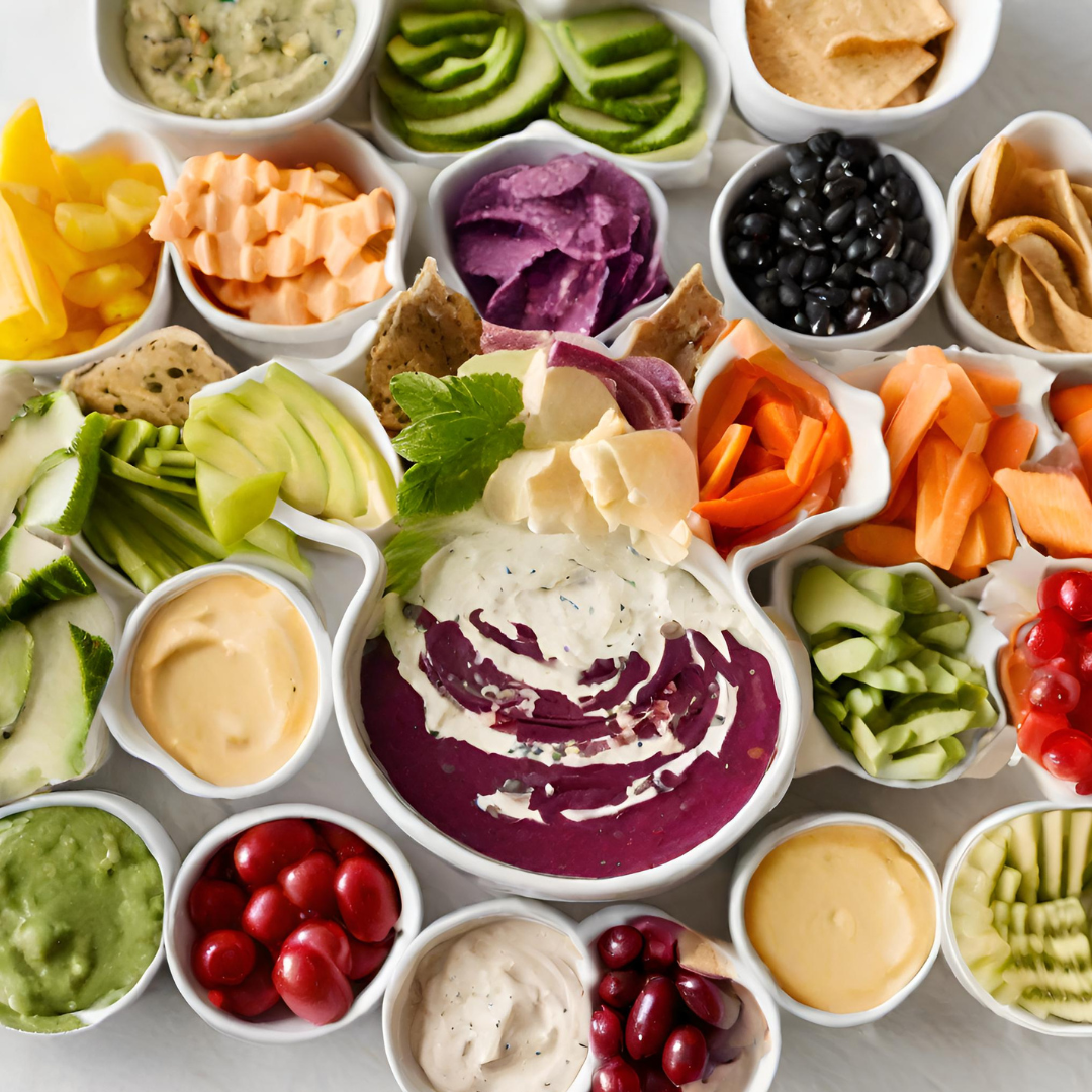 assorted vegetables and fruits arranged beautifully with a bowl of dip.
