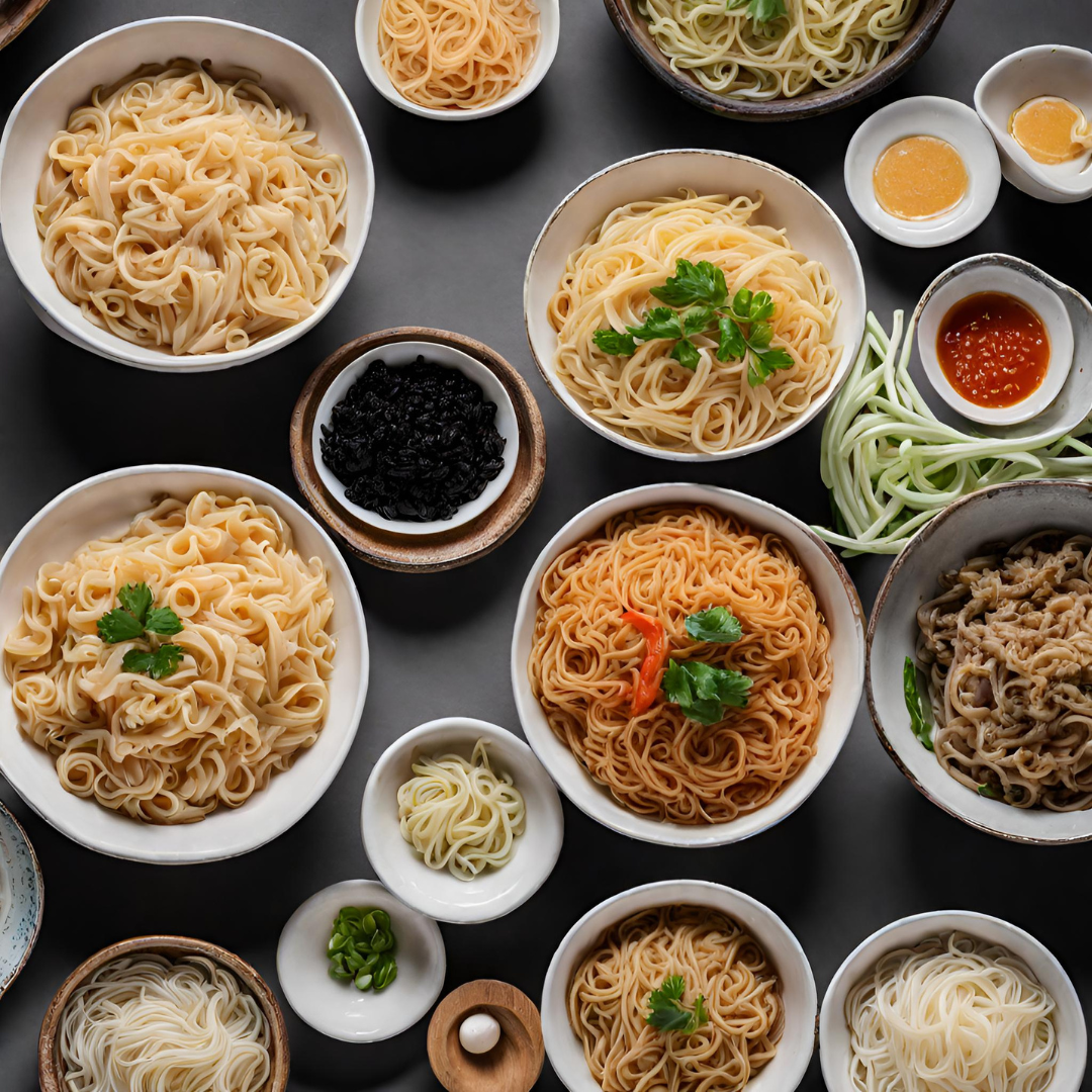 noodles of different types in bowls on a table