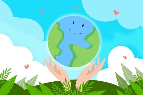 Smiling earth being held up by hands