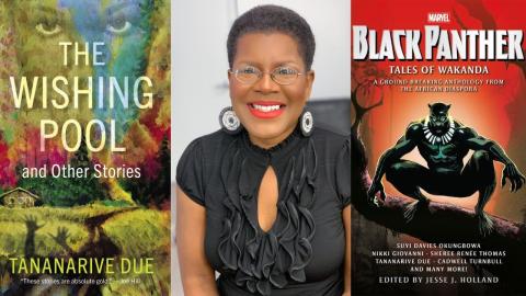 author photo tananarive due and the wishing pool cover and marvel black panther comic cover