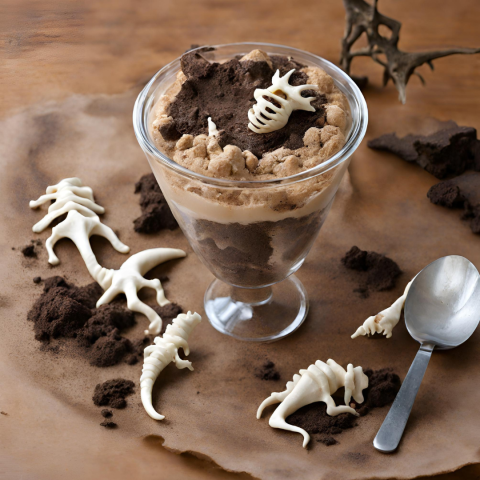 chocolate cookies crushed in a cup to look like dirt with chocolate dinosaur bones