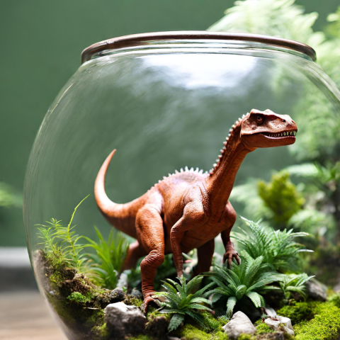 dinosaur in a glass orb with little ferns and rocks under foot to look like a small pet habitat