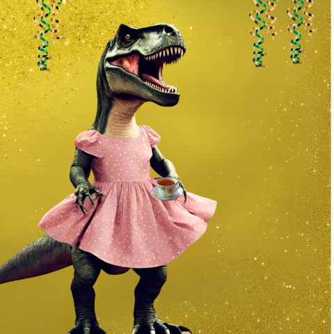 t rex in a frilly dress holding a cup of tea with curly streamers hanging from the ceiling