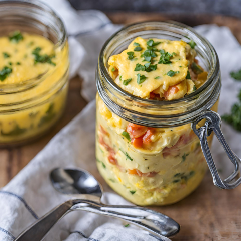 scrambled eggs in a mason jar with tomatoes mixed in and chives sprinkled on top of the eggs.