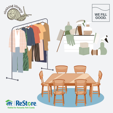 we fill good habitat clothing library logos and dining table and chairs rack of clothing and cleaning products