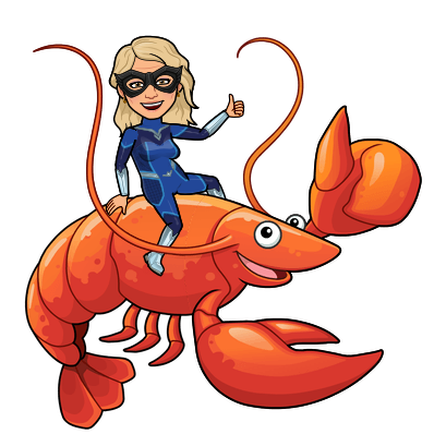 cartoon version of Barb in a superhero outfit riding on a lobster who is giving the thumbs up sign.