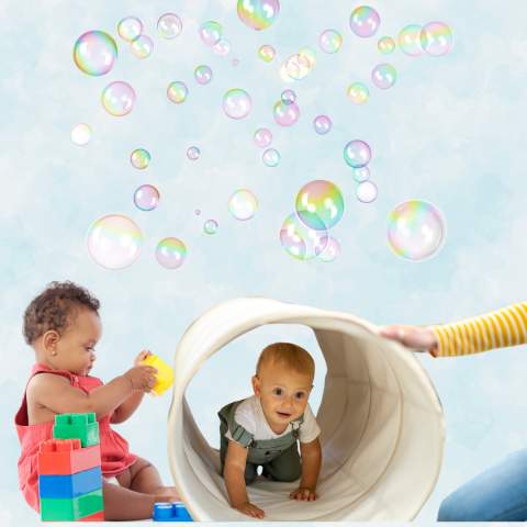 baby crawling through fabric tunnel and toddler playing with blocks