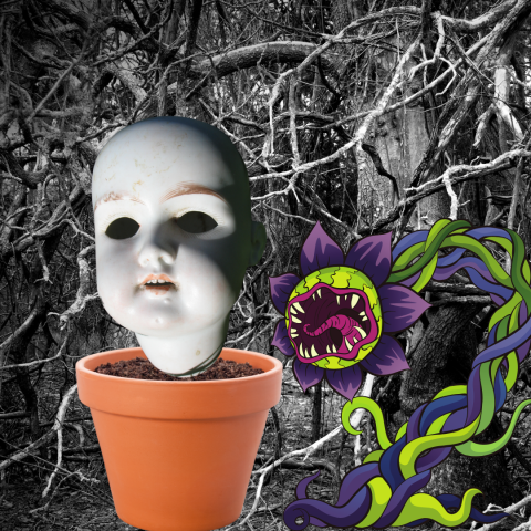 doll head in a terracotta pot with vines