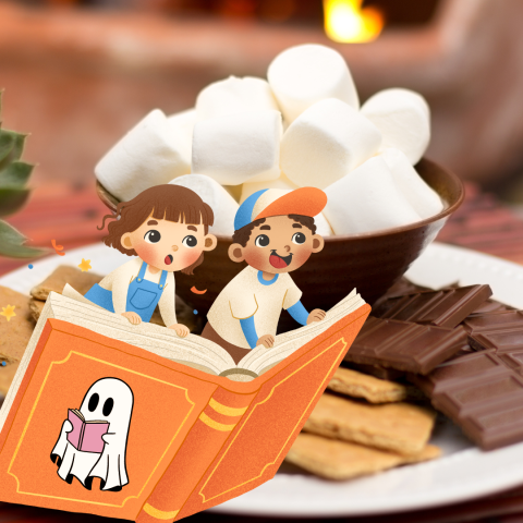 s'mores ingredients behind two kids sitting on a flying book