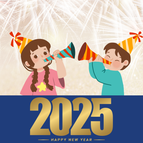 two cartoon children celebrating new year's eve in front of fireworks. 2025 is at the bottom of the image