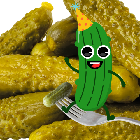 cartoon pickle wearing a party hat on a fork with pickles in the background