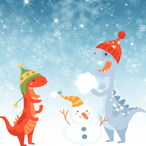 2 cartoon dinosaurs in pom pom hats building a snow person