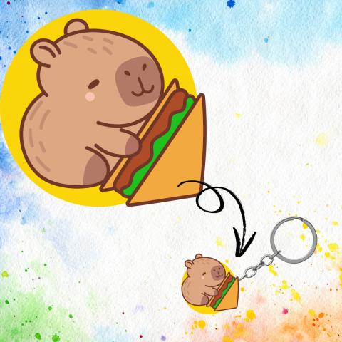 capybara cartoon eating a sandwich shrinking to a smaller size on a keychain