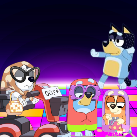 Muffin, Bluey Bingo and Bandit on a disco floor