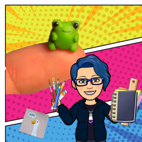 Danie holding art supplies and a mini clay frog on a fingertip in the background