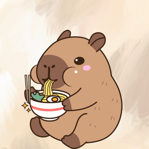 squishy cartoon capybara eating a bowl of ramen