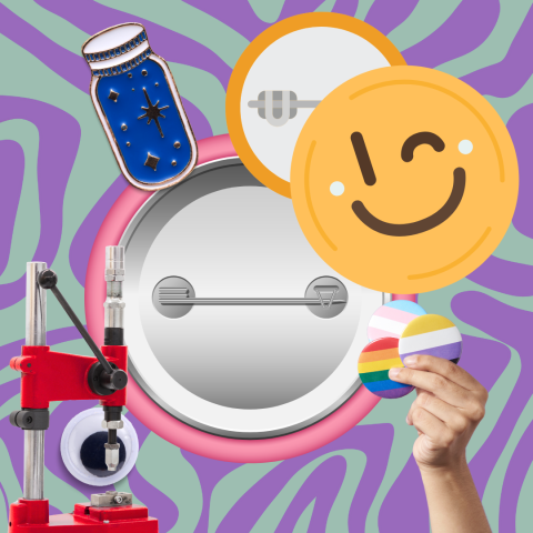 Assortment of fashion buttons next to a button maker