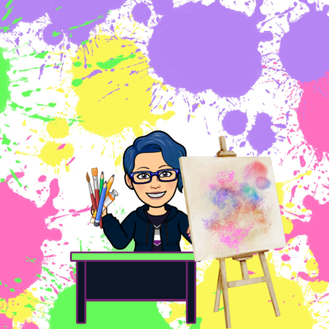 danie standing behind a desk with a painted canvas