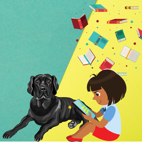 Dog reading with child surrounded by books