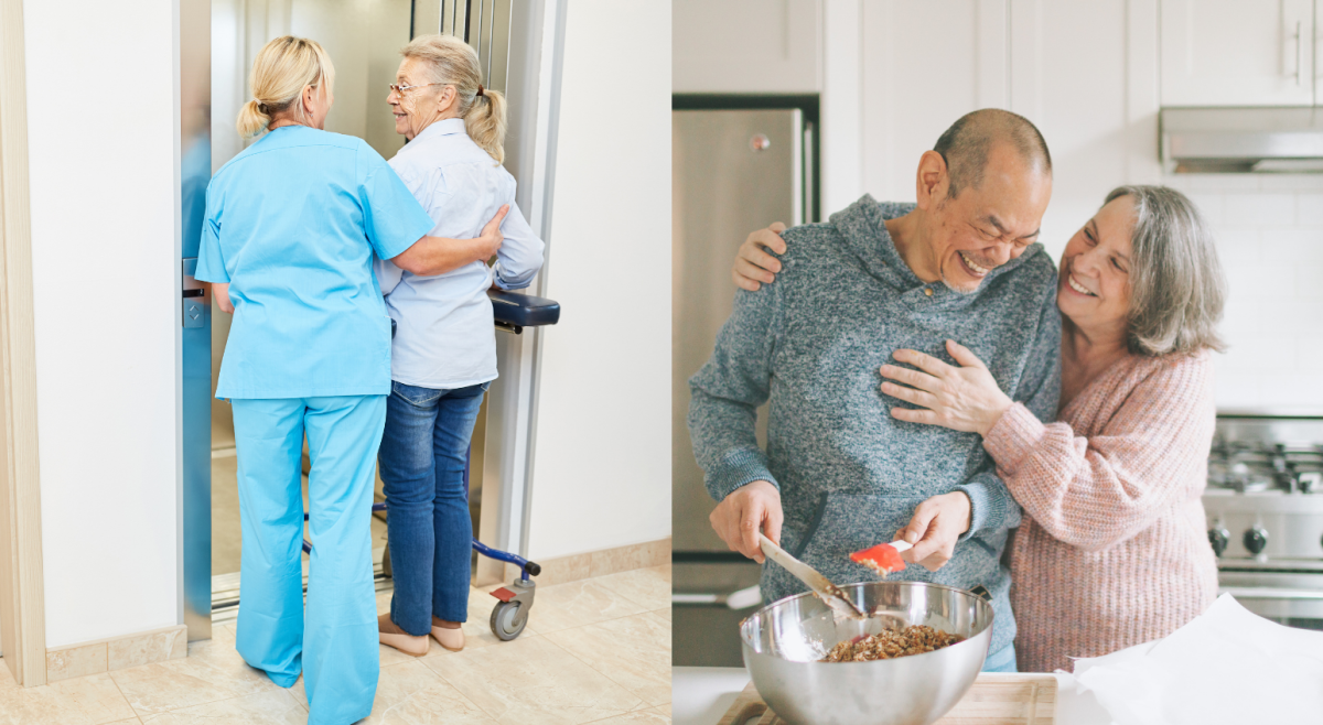 picture of an older woman being helped into an elevator and a older couple having fun in the kitchen