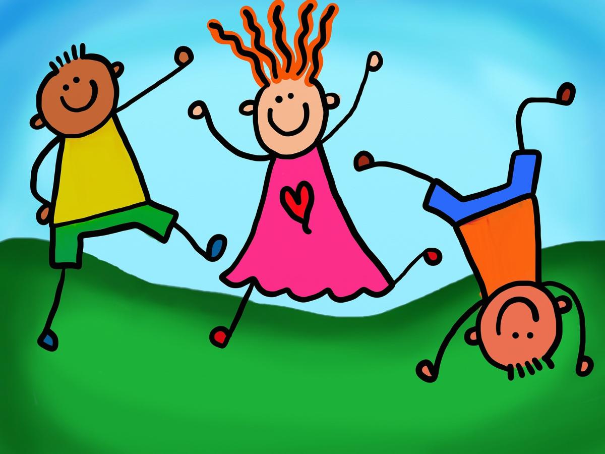 three stick figure children cartwheeling