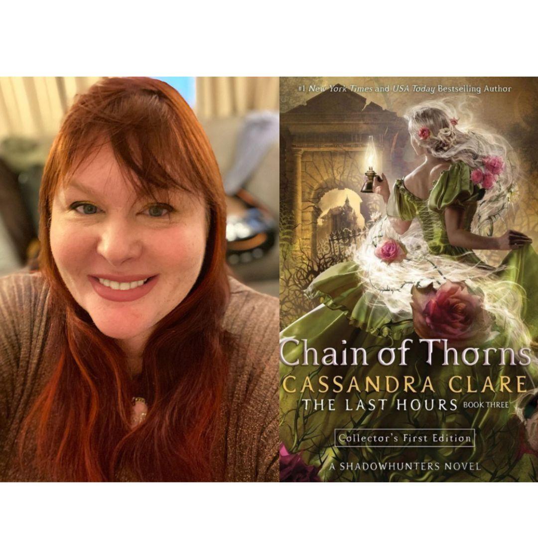 headshot cassandra clare and book cover chain of thorns