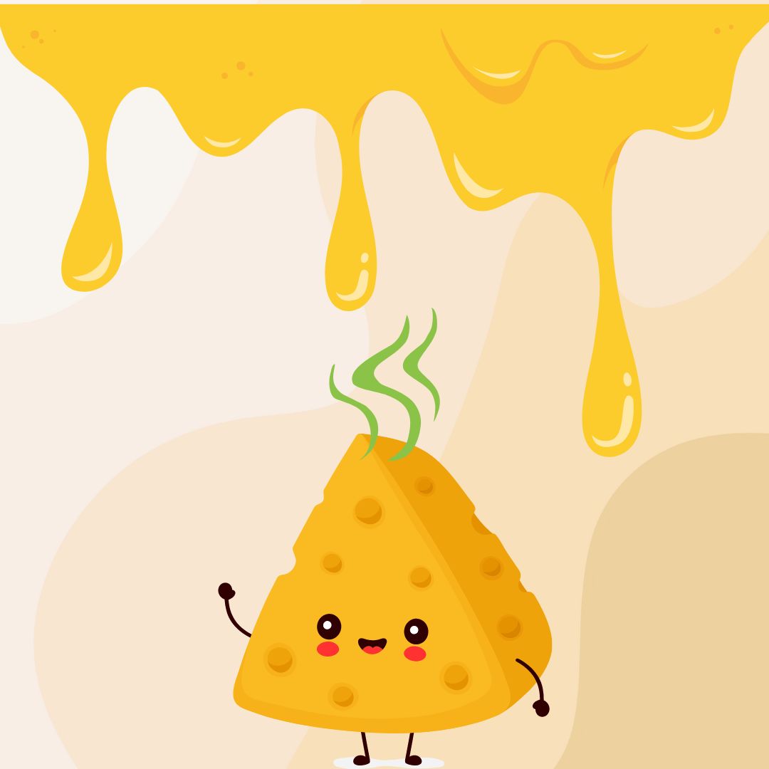 smiling and waving stinky cheese cartoon standing under drippy cheese