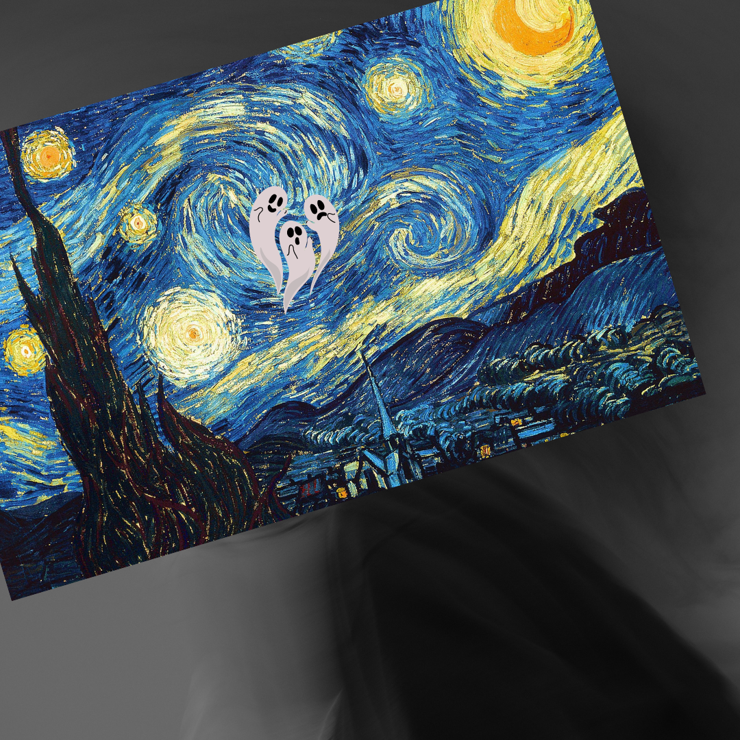 starry night with 3 tiny ghosts superimposed over the artwork