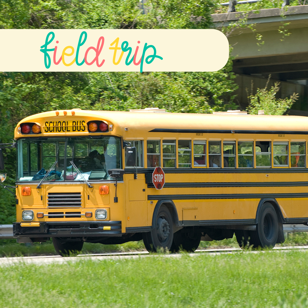 school bus indicating there is a field trip today at the library.