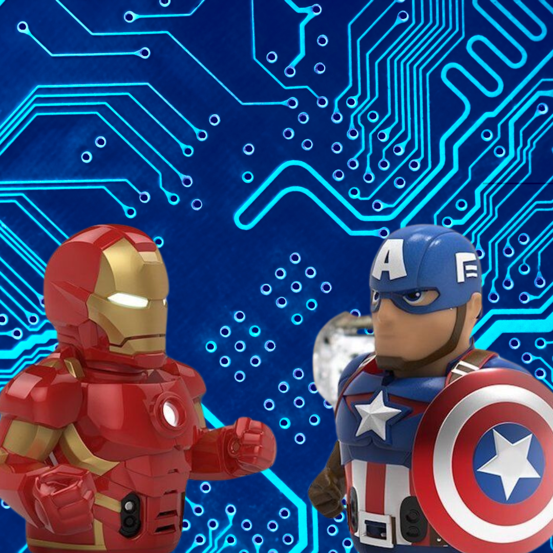 iron man and captain america ozobots in front of a circuit board