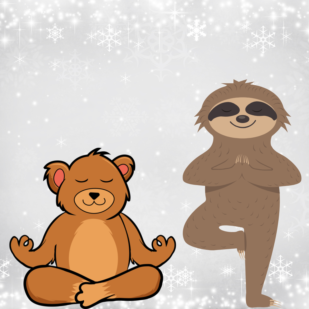 cartoon bear and sloth doing yoga in front of snow