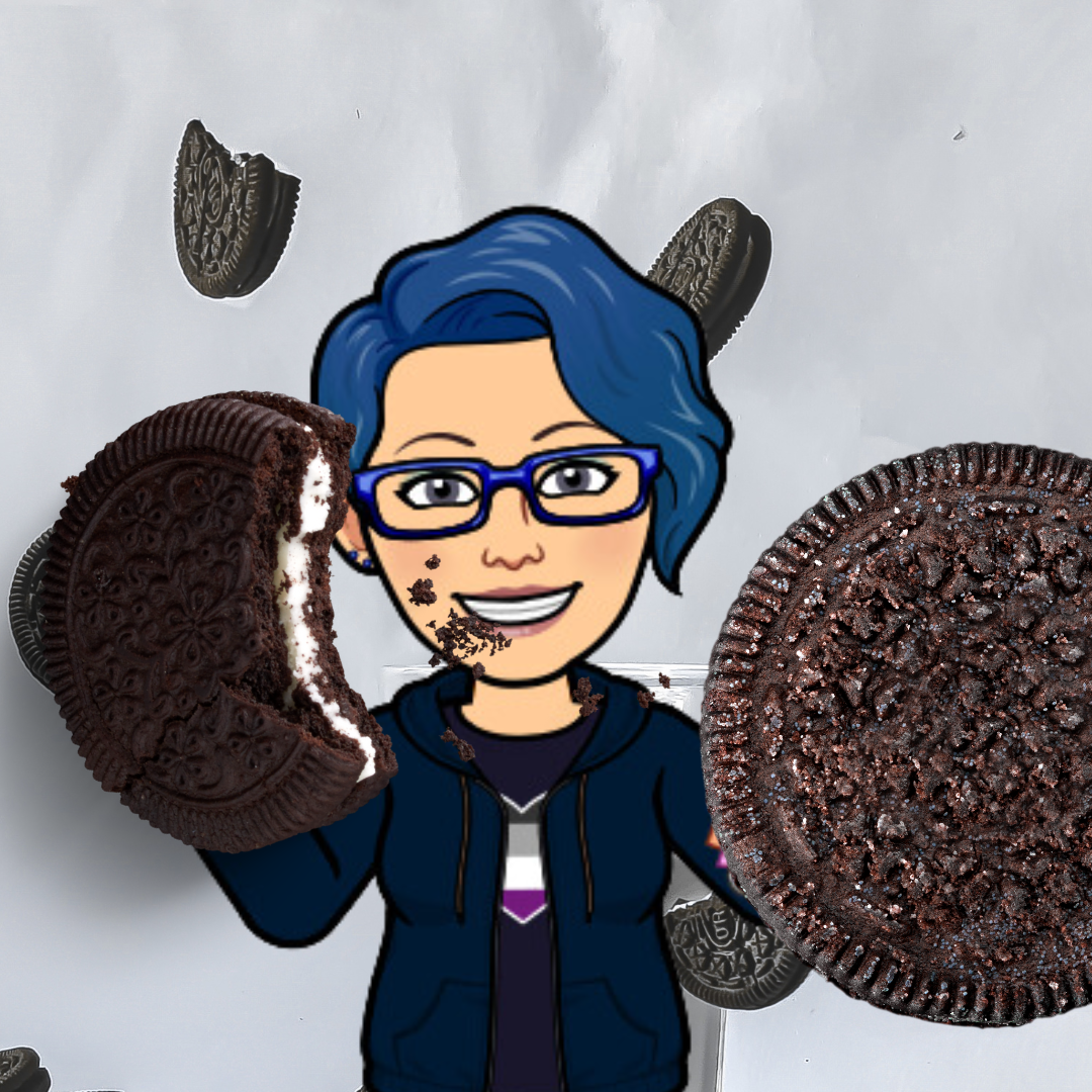 Cartoon Danie holding a sandwich cookie in each hand