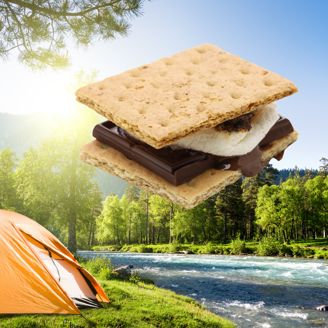 camping tent with giant s'more in the sky