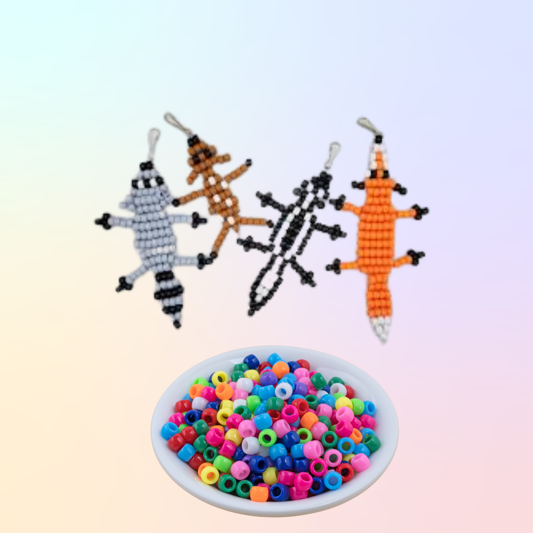 beaded animals over a bowl of beads