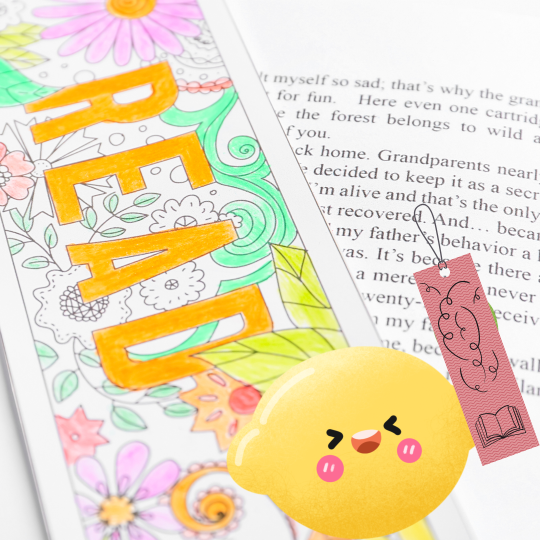 Lemon holding a bookmark in front of a book