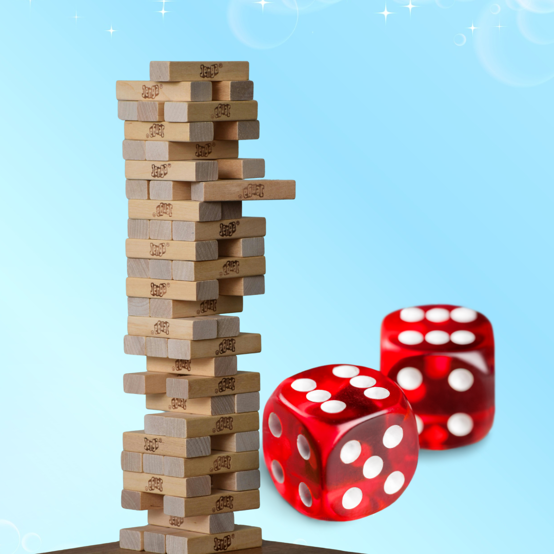 jenga tower with some dice