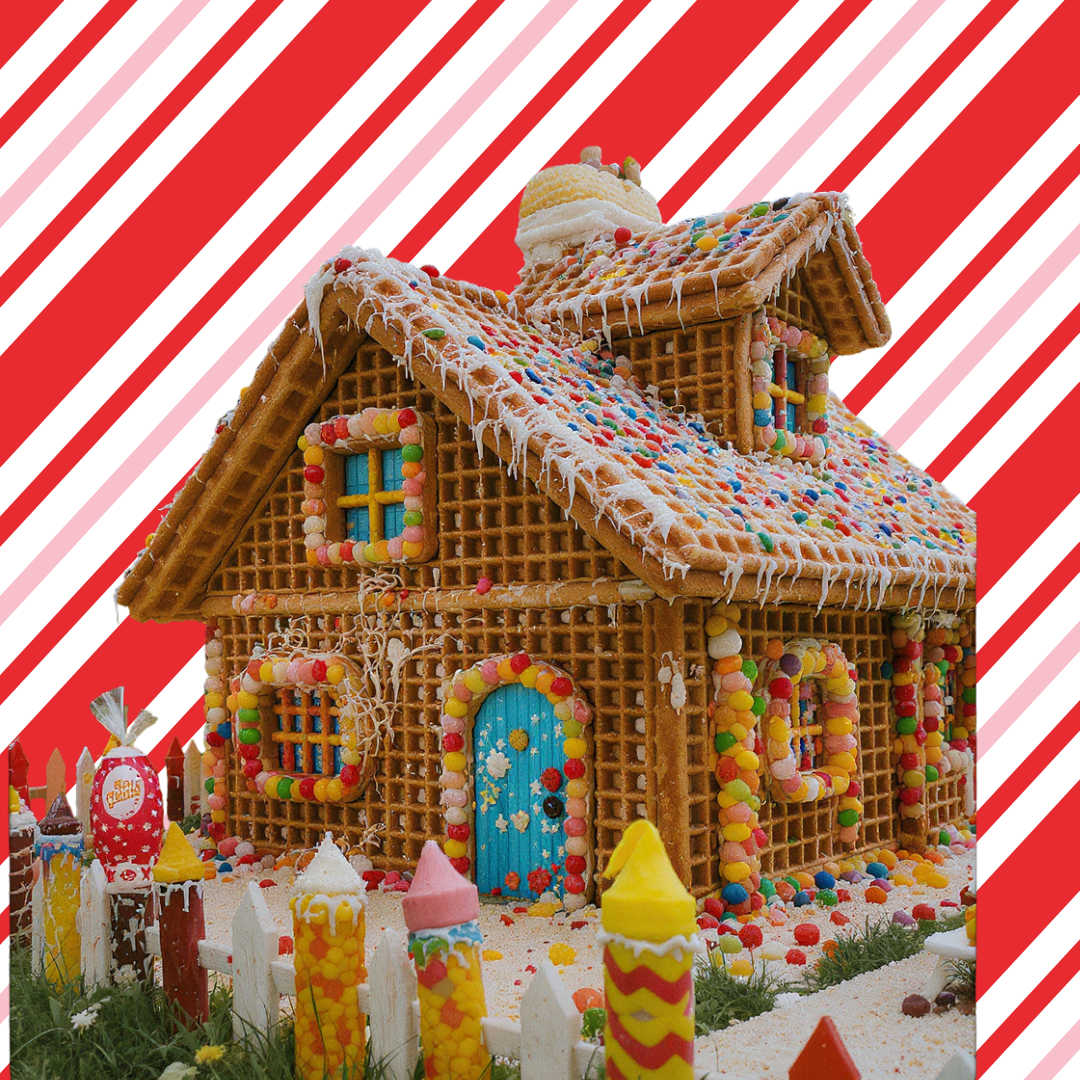 waffle candy house over a peppermint background